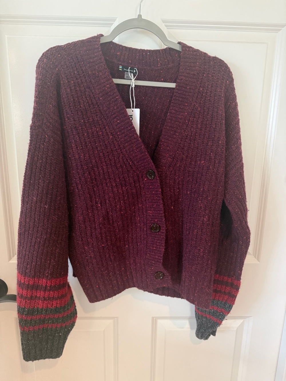 Smartwool Burgundy V-Neck Button Cardigan with Striped Cuffs